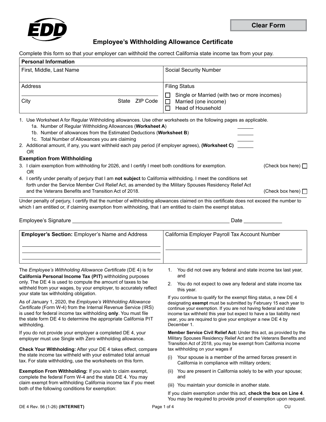 Preview of page 1 of the California DE 4 form